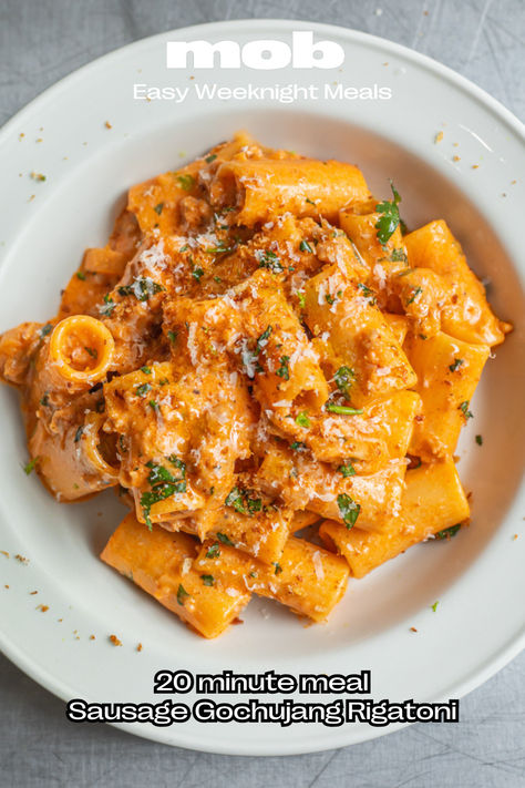 This spicy sausage pasta is a new favourite of ours, and we’re confident that it’ll become one of yours, too. On the table in 20 mins, it’s a weeknight hero. Sweet, fiery, and incredibly easy to make. You're going to love our sausage gochujang rigatoni. Head to the site for the recipe. Mezzi Rigatoni Recipes, Sausage Pasta Recipe, Spicy Sausage Pasta, Make Sausage, Sausage Rigatoni, Rigatoni Recipes, Tuna Pasta Bake, Sausage Pasta Recipes, Best Sausage