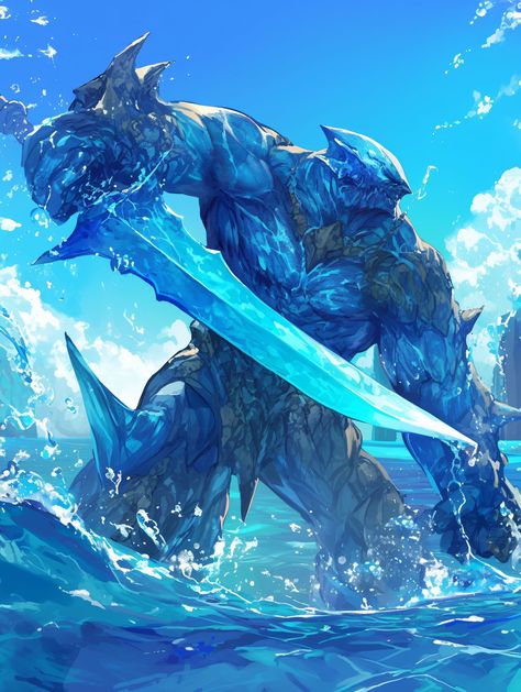 Behold the Water Golem, wielding the tides with unmatched strength 🌊⚔️. A guardian born from the depths, ready to unleash the power of the ocean! #FantasyArt #WaterGolem #ElementalWarrior #DigitalArt #ArtOfInstagram #MysticGuardian #EpicCreatures #InstaArt #FantasyIllustration #ElementalMagic #CreativeDesign #WarriorOfTheDeep #PowerOfWater Water Golem, Elemental Magic, Water Spirit, Cool Swords, Dungeons And Dragons Characters, Fantasy Illustration, Swords, Insta Art, Dungeons And Dragons