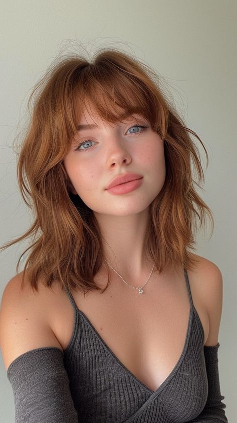 Ginger Hair Color, Bangs With Medium Hair, Round Face Haircuts, Round Faces, Short Hair With Bangs, Shoulder Length Hair, Ginger Hair, Aesthetic Hair, Length Hair