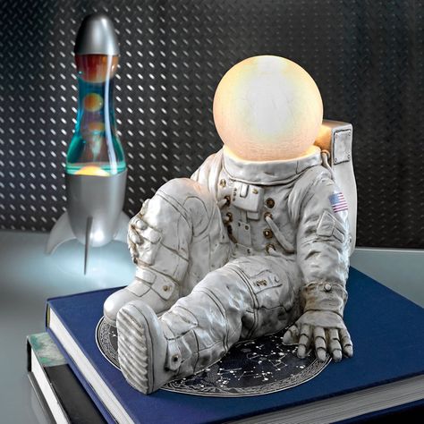 Astronaut at Ease Lighted Sculpture Lights The Sky With Dreams -  #astronaut #decor #NASA #sculpture Elephant Shelf, Space Themed Room, Crushed Stone, Contemporary Table Lamps, Light Sculpture, Outdoor Statues, Design Toscano, Metal Sculpture, Glass Globe