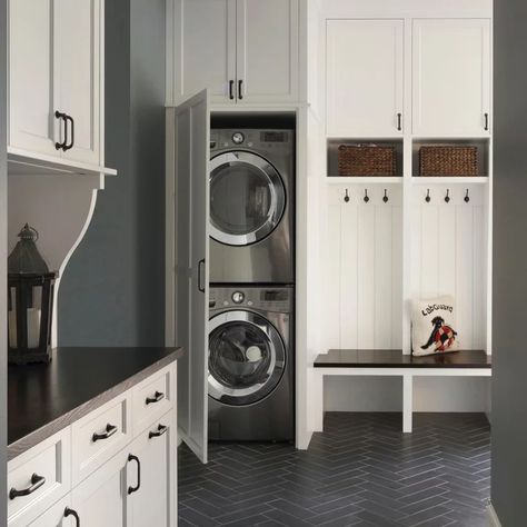 Wash Tower Laundry Room Ideas, Stackable Washer And Dryer Mudroom, Hallway Laundry Room Ideas Stackable, Double Stacked Washer And Dryer, Laundry Room Ideas Stacked Washer Dryer, Utility Hallway, Washer Dryer Cabinet, Inspired Closets, Contemporary Laundry