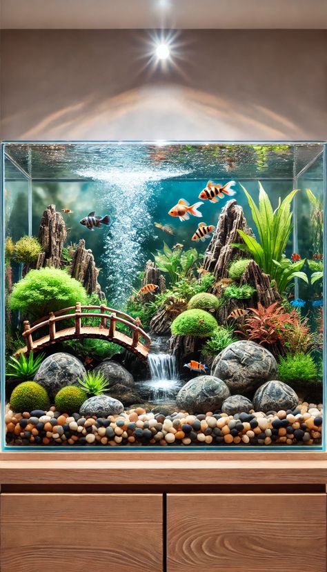 Marine Fish Tank Ideas, Fish Tank Decoration Ideas, Tank Decoration Ideas, Small Pagoda, Aquarium Aesthetic, Tank Terrarium, Fish Aquarium Decorations, Marine Fish Tanks, Fish Tank Themes