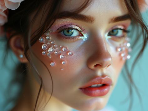 Step into a dream with this soft-focus close-up portrait featuring jellyfish-inspired makeup. Pastel, translucent eyeshadows create an ethereal look, while pearlescent highlights and a light gloss add to the airy, glowing effect. Soft, diffused lighting enhances the makeup's gentle shimmer, perfect for those looking for a weightless and otherworldly beauty trend in 2024. Jem Makeup, Jellyfish Makeup, Makeup Ethereal, Whimsical Makeup, Ocean Makeup, Otherworldly Beauty, Diffused Lighting, Pink Jellyfish, Glowing Effect