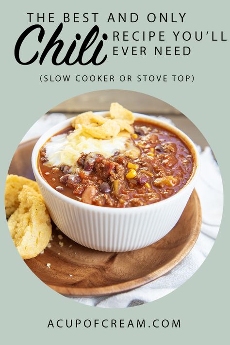 The best and only chili recipe you'll ever need! No need to look for any other chili recipe ever again. With a whole pound of bacon and ground beef and the perfect blend of seasonings. Slow cooker or stove top. The perfect fall meal. acupofcream.com Stove Top Chili Recipe, Stove Top Chili, Chili Recipe Stovetop, Stovetop Chili, Fall Meal, Best Chili Recipe, Black Bean Chili, Slow Cooker Chili, Bon Appetite