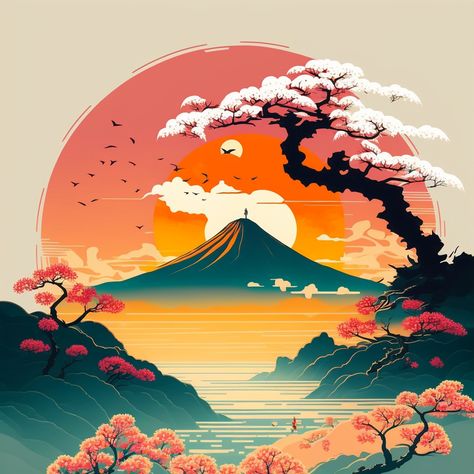 A beautiful digital artwork of Mt Fuji in springtime Japan, with the rising sun and blooming sakura trees. Digital Artwork Landscape, Japan Painting Acrylic, Mt Fuji Painting, Sakura Tree Drawing, Japanese Art Landscape, Sakura Tree Art, Bike Mural, Japanese Mural, Japan Artwork