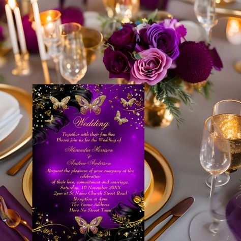 Wedding Sparkle purple Gold Black Butterfly Invitation Black Gold Wedding Theme, Rapunzel Wedding Theme, Purple Black Wedding, Deep Purple Wedding, Purple Wedding Reception, Butterfly Wedding Invitations, Butterfly Invitation, Purple And Gold Wedding, Purple Invitations