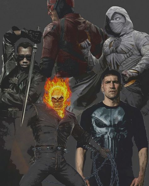 HEROSEDITS10 on Instagram: “MIDNIGHT SONS🌙🔥🩸💀🧑🏻‍🦯 #midnightsons #marvel#punisher#daredevil #ghostrider#blade#moonknight…” Midnight Sons Marvel, Punisher Daredevil, Marvel Punisher, Midnight Son, Ghost Rider, Marvel Characters, Marvel, Comics, Movie Posters