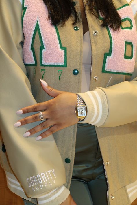 We design and supply! Vintage Aka Alpha Kappa Alpha, Aka Jackets Alpha Kappa Alpha, Aka Letterman Jacket, Aka Varsity Jacket, Aka Line Jacket Designs, Line Jackets Sorority, Aka Homecoming Outfits, Aka Sweatshirt, Aka Jacket