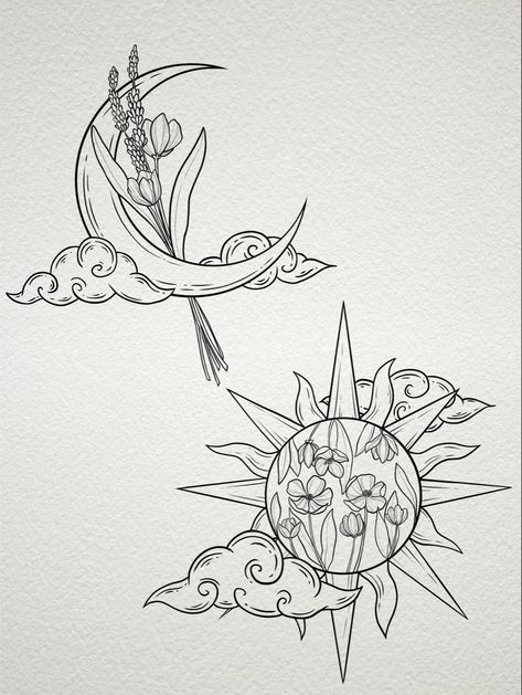 Sun and moon tattoo delicate lineart with florals and flowers inside and clouds around them Moon Phase And Sun Tattoo, Double Forearm Tattoo, Sun And Moon Tattoo Matching Tarot, Tarot Matching Tattoos, Sun And Moon Tricep Tattoo, Floral Sun Tattoo Design, Matching Linework Tattoo, Moon And Sun Friend Tattoo, Boho Matching Tattoos