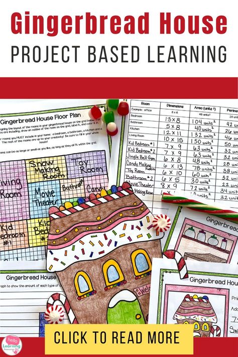 These gingerbread house project based learning activities are sure to be a hit with your 4th grade or 5th grade students or homeschool learners. Covers the skills of data collection, graphing, area and perimeter, decimals, sensory words, and descriptive writing. Use this pbl project during the winter or in the weeks leading up to Christmas. This math pbl project will keep your learners engaged in learning and excited to complete each task. Includes grading rubrics. Click to read more! Christmas Activity 4th Grade, Math Gingerbread House, Grade 5 Christmas Activities, Christmas Activities 3rd Grade Free, Christmas Writing Activities 3rd Grade, Christmas 5th Grade Activities, 3rd Grade Gifted And Talented Projects, Maths Christmas Activities, Winter Activities For 4th Grade