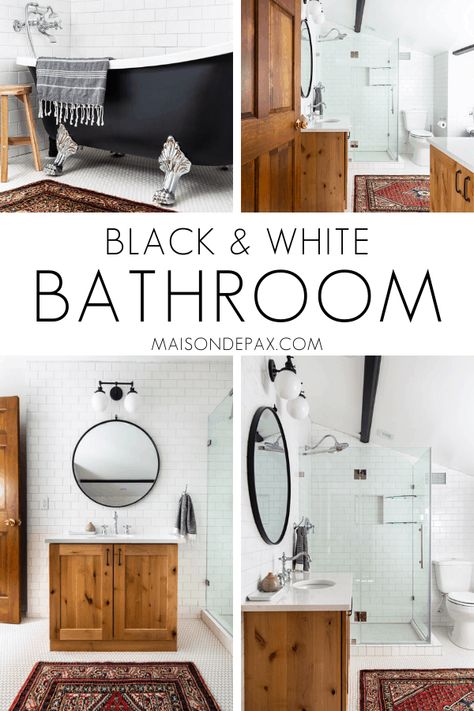 You won't believe this attic bath! Tour a classic black and white bathroom complete with a black clawfoot tub and charming, angled walls. #blackandwhitebathroom #bathroomdesign #clawfoottub Wood White And Black Bathroom, Black White And Wood Bathroom Modern, Hickory Vanity Bathroom, Black And White And Wood Bathroom, Black White Wood Bathroom, Black White And Wood Bathroom, Classic Black And White Bathroom, Dr Bathroom, Hickory Bathroom