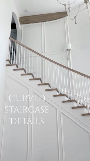 Paneling On Staircase, Wainscoting Tall Walls, Decorate Curved Wall, Curved Staircase Wall Decor, Curved Wall Decor Ideas, Curved Foyer, Stairway Trim, Staircase Accent Wall, Staircase In Living Room