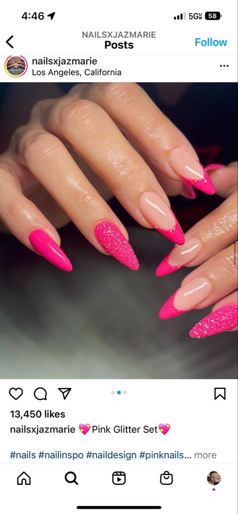 Pink Almond Nails With Glitter, Almond Hot Pink Nails Designs, Birthday Nails Pink Almond, Hot Pink Vegas Nails, Fushia Pink Almond Nails, Cute Pink Hoco Nails, Pink Nails For Hoco, Hot Pink Nail Inspo Almond, Prom Nails For Magenta Dress