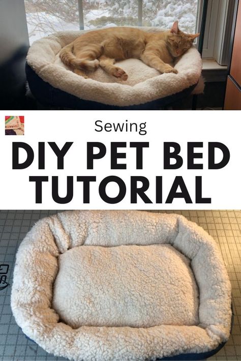 Save some money and sew a quick and easy DIY Pet Bed from recycled jeans, fleece scraps and sherpa fabric. How To Sew Dog Bed, Making A Dog Bed Diy, Sewing A Dog Bed, Diy Cat Bed Easy, Dog Bed Sewing, Homemade Pet Beds, Homemade Cat Beds, Fleece Scraps, Cat Bed Pattern