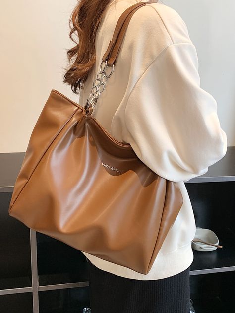 Brown Elegant Collar  PU Leather Letter Shoulder Tote Bag Embellished   Women Bags Large Elegant Brown Shoulder Bag, Chic Large Capacity Brown Bag, Elegant Brown Large Capacity Bags, Formal Tote Shoulder Bag With Lock, High-end Brown Shoulder Bag With Large Capacity, Travel Bag Essentials, Chain Decor, Hijabi Aesthetic, Fashion Shoes Sandals