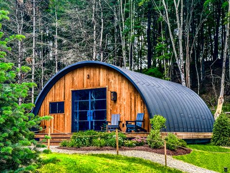 june-farms-wellness-huts-17 Quanza Hut House, Hangar Home, Quonset Homes, Quonset Hut Homes, Farm Cabin, Arched Cabin, Earth Sheltered Homes, Arch Building, Small Cabin Plans