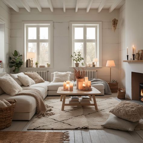 A cozy hygge-inspired home that’s all about comfort 🕯️💖 #hyggehome #interiordesign #design #designinspo Hygge Sitting Room, Sw Natural Linen, Bay Window Shades, Cozy Hygge Living Room, Hygge Home Inspiration, Sw Evergreen Fog, Hygge Apartment, Hygge Lighting, Modern Bay Window