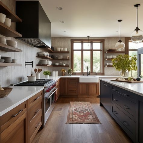 13 Modern Rustic Kitchen Ideas to Transform Your Log Cabin – HomelyTip Dark And Light Cabinets Kitchen, Black And Wood Cabinets, Japandi Kitchen Ideas, Dark Lower Cabinets, Dark Brown Kitchen Cabinets, Moody Kitchen, Japandi Kitchen, Kitchen Dark, Dark Brown Cabinets