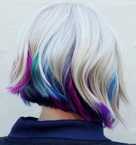 Choppy Bob with Unicorn Peekaboo Highlights Pink Peekaboo Hair, Blonde Peekaboo Highlights, Under Hair Color, Natural Dark Hair, Hidden Hair Color, Peekaboo Hair Colors, Peekaboo Highlights, Vivid Hair Color, Peekaboo Hair