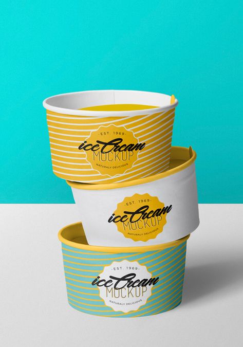 Attractive arrangement of three gorgeous ice cream cups that will showcase your designs realistically. #free #freebie #mockup #psd #photoshop #icecream #yogurt #frozen #packaging #cup Ice Cream Cup Design Packaging, Ice Cream Packaging Ideas, Ice Cream Cup Design, Ice Cream Cups Packaging, Frozen Packaging, Ice Cream Cups Design, Beautiful Ice Cream, Yogurt Frozen, Cup Ice Cream