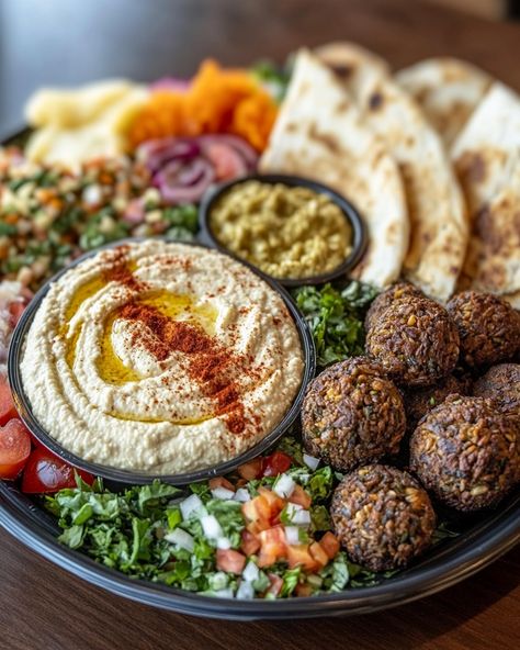 Mediterranean Mezze Platter with Hummus, Falafel, and Pita Hummus Pita Platter, Falafel Platter Ideas, Falafel With Hummus, Hummus Platter Presentation, Hummus Platter Ideas, Mezze Platter Ideas, Greek Mezze Platter, Moroccan Dinner Party, Falafel Platter