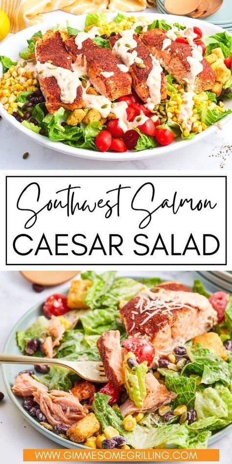 Salmon Lettuce Salad Recipes, Salmon Lettuce Salad, Salmon Romaine Salad, Salmon Caesar Salad Recipes, Southwest Caesar Salad, Salmon Ceasar Wrap, Salmon Ceasar Salad Recipe, Southwest Salmon Salad, Salmon Salad Dressing