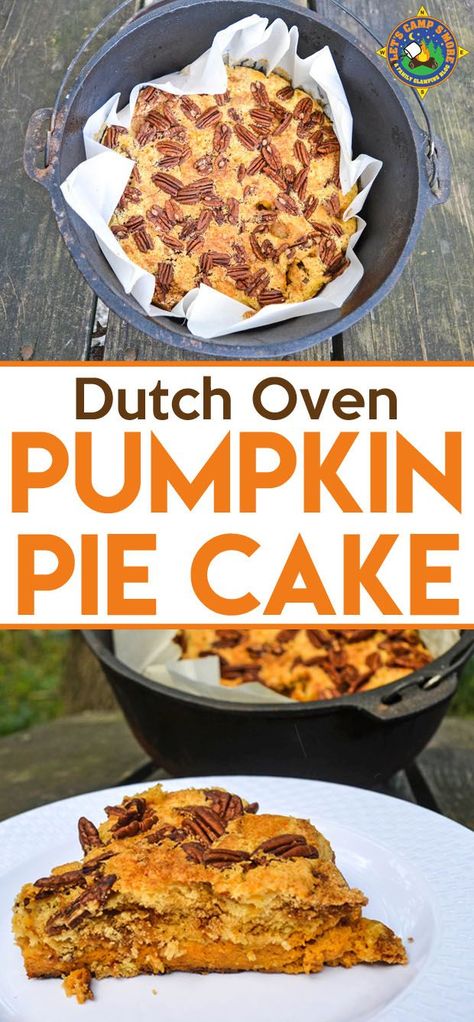 Dutch Oven Pumpkin Pie Cake Recipe - Do you love pumpkin? Looking for a great camping recipe? Create this Pumpkin Pie Cake Recipe in the Dutch Oven. It's easy to make and perfect for fall camping! Pumpkin Pie Cake Recipe, Pie Cake Recipe, Dutch Oven Desserts, Camping Dessert Recipes, Dutch Oven Camping Recipes, Pumpkin Pie Cake, Healthy Camping Food, Cake Oven, Camping Dishes