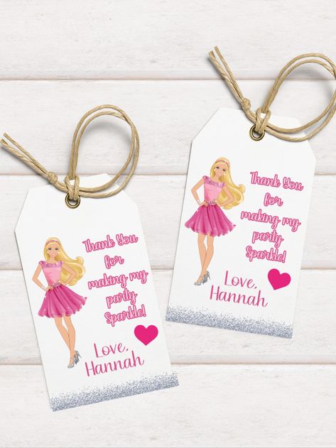 Barbie Favor Bags, Barbie Gift Tags Free Printable, Barbie Printables Bags, Barbie Party Favor Box Template, Barbie Party Favors, Barbie Thank You Tags Free Printable, Barbie Thank You Tags, Barbie Games, Pink Party Favors