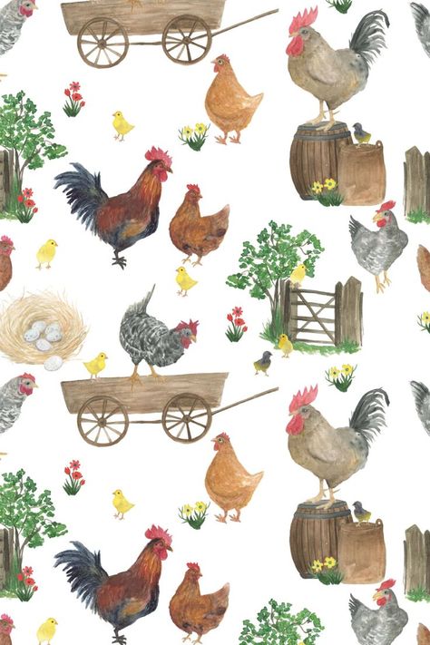 Cute Farm Animals Wallpaper, Chicken Wallpaper Iphone Cute, Vintage Farm Wallpaper, Farm Pattern Illustration, Aesthetic Chicken Wallpaper, Chicken Farm Drawing, Farm Phone Wallpaper, Farm Iphone Wallpaper, Farm Wallpaper Backgrounds