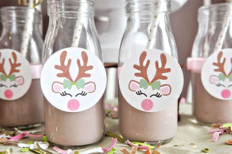 Girly Reindeer Party | CatchMyParty.com Reindeer Party, Friendsmas Party, Pink And Gold Decorations, Kid Friendly Party, Reindeer Photo, Pink Mason Jars, Dream Christmas, Winter Play, Girly Christmas