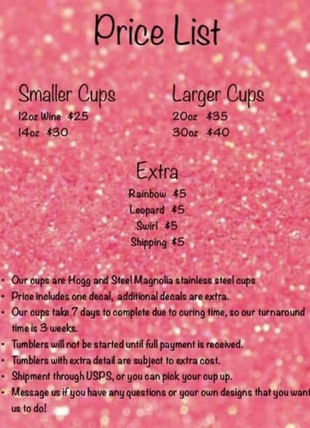 Pricing sheet Vinyl Measurements For Cups, Tumbler Dipping Diy, Epoxy Tumbler Pricing Chart, Tumbler Pricing Chart, Tumbler Price List, Tumbler Cups Ideas, Tumbler Business, Cup Business, Cricut Tumblers