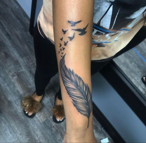 Word Tattoo Designs, Feather Tattoo Black, Feather Tattoo Arm, Earthy Tattoos, Stomach Tattoos Women, Word Tattoo, Feather Tattoo Design, Anklet Tattoos, Black Girls With Tattoos