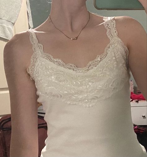 Coquette white lace tank top White Tank Top Coquette, Lace Lined Tank Top, Lacey White Top, Lace Undershirt Tanks, Coquette Lace Top, White Vintage Lace Top, White Lace Tank Top Outfit, Lacy Undershirt, Lacy Tops Outfit