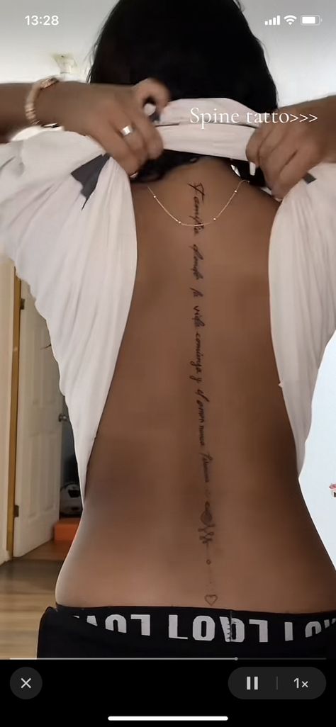 Writing Down Spine Tattoo, Arabic Spine Tattoos For Women And Meaning, Classy Spine Tattoos For Women, Spine Tattoo Wedding Dress, Hindi Spine Tattoo, Red Arabic Spine Tattoo, Arabic Spine Tattoos For Women, Spine Tats Quotes, Spiritual Spine Tattoos For Women