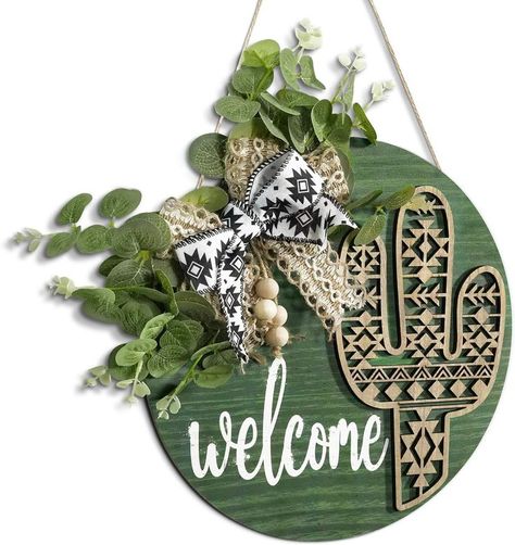 12-Inch Aztec Cactus Welcome Sign for Front Door - Boho Round Wooden Wreath Outdoor Wall Hanging, Farmhouse, Porch Decor, Garden Suitable for All Seasons and Holidays Outdoor Wall Hanging, Welcome Door Sign, Wooden Wreath, Decor Western, Western Aztec, Welcome Door Signs, Front Elevation Designs, Wooden Welcome Signs, Wooden Wreaths