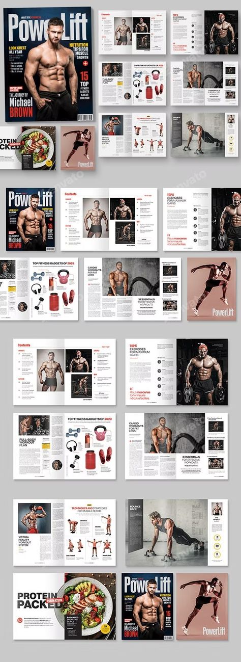 Sport & Fitness Magazine Template, Print Templates | GraphicRiver Gym Magazine, Sports Magazine Design, Cute Magazine, Magazine Design Cover, Fitness Content, Sport Magazine, Sports Magazine, Magazine Spreads, Fashion Magazine Cover