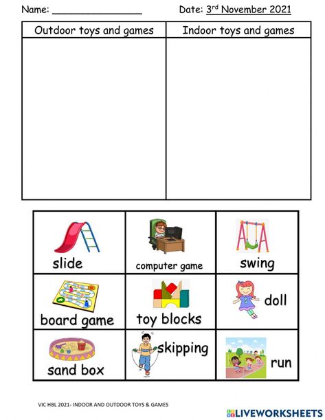 Indoor Games Worksheets For Kids, Indoor And Outdoor Games Worksheet, Verbs Worksheet, Inside Games, Outside Games, Fun Outdoor Games, Outside Activities, Outdoor Games For Kids, Preschool Age