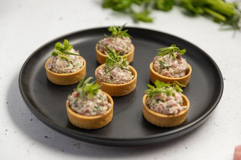 Caesar-Style Beef Tartare Tartlet — Everyday Gourmet Beef Tartare Canape, Beef Tartare, Crispy Noodles, Beef Fillet, Tart Shells, Latest Recipe, Anchovies, Red Meat, Food Festival