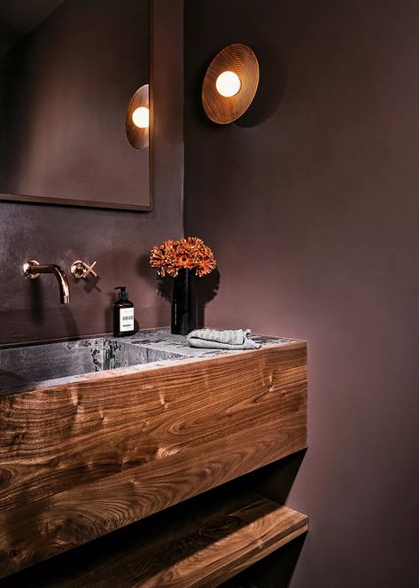 9 unusual bathroom materials designers are using to set trends | Livingetc Walnut Powder Room, Dark Mauve Bathroom, Moody Purple Bathroom, Deep Purple Bathroom, Purple Powder Room, Deep Purple Paint, Dark Purple Bathroom, Mauve Bathroom, Axor Bathroom