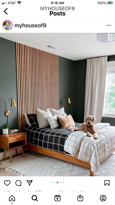 Slate Headboard Bedroom, Slate Bedroom Wall, Wood Slat Behind Bed, Green Slat Wall Bedroom, Green And Wood Accent Wall, Bedroom Wooden Slat Wall, Slat Wall Bedroom Headboards, Wood Slats Behind Bed, Green Wall With Slats