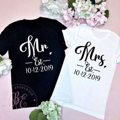 Etsy Mr. and Mrs. Est. Date - Bride and Groom Shirts - Honeymoon Couples Shirts - Wedding Gift - Engagement gift #MrAndMrs #Shirts #Couples #Affiliate Bride And Groom Shirts, Brides Maid Shirts, Married Couple Shirts, Honeymoon Couples, Gifts For Bride And Groom, Gifts For Bride, Bridesmaid Tshirts, Bridal Shower Gifts For Bride, Wedding Gifts For Bride And Groom