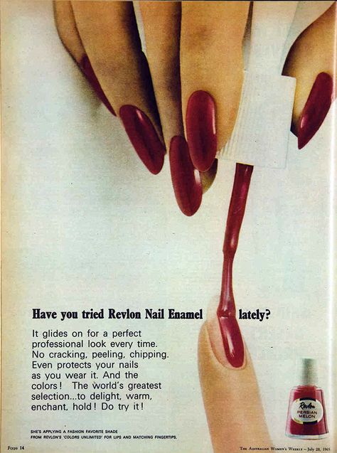 1960s Nails, 1950s Nails, 60s Nails, 80s Nails, Event Poster Design Inspiration, Revlon Nail Polish, 90s Nails, Vintage Makeup Ads, Makeup Ads