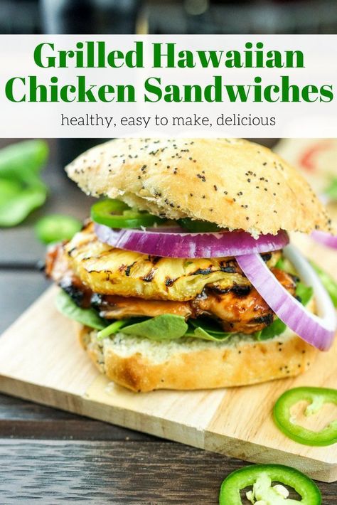 This sweet and spicy Hawaiian Chicken Sandwich with grilled pineapple is a light and healthy sandwich that tastes incredible. A barbecue favorite that the whole family loves! Perfect for lunch or dinner. Hawaiian Chicken Sandwiches, Hawaiian Chicken Sandwich, Hawaiian Sandwiches, Healthy Sandwich, Summer Sandwiches, Slender Kitchen, Homemade Barbecue Sauce, Hawaiian Chicken, Chicken Sandwiches