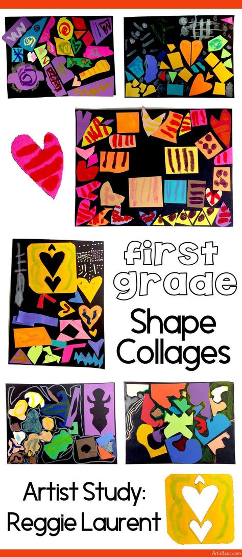 Shape Collages by 1st Grade, artist study Reggie Laurent Reggie Laurent, Art Projects For Kindergarten, Projects For Kindergarten, Shape Lessons, Grade 1 Art, Adaptive Art, Shapes Lessons, Art Centers, First Grade Art