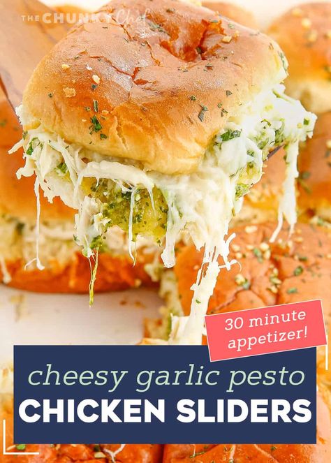 These Cheesy Garlic Pesto Chicken Sliders are gooey, hot, and so easy to make. Made with just 7 simple ingredients, with make ahead and freezer directions, they're the ultimate delicious party food! #sliders #pesto #chicken Cheesy Garlic Pesto Chicken Sliders, Chicken Pesto Hawaiian Roll Sliders, Pesto Chicken Sliders Hawaiian Rolls, Pesto Chicken Sliders, Food Sliders, Garlic Pesto Chicken, Party Rolls, Heart Group, Wonton Wrapper Recipes