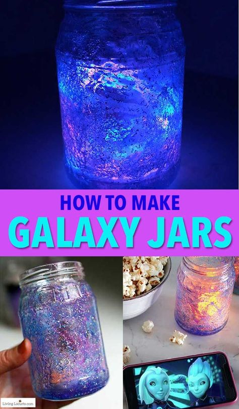 How to make Glow in the Dark Galaxy Jars. An easy mason jar craft! Light up your galaxy jars, pop some popcorn and snuggle up for an out of this world adventure! Kids craft tutorial and party decor idea. Galaxy Jars, Galaxy Crafts, Easy Mason Jar Crafts, Galaxy Jar, Snail Craft, Dark Galaxy, Diy Galaxy, Crafts For Kids To Make, Craft Tutorial