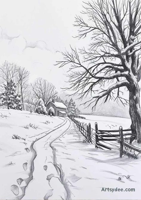 Embrace the chilly charm of the season with a collection of winter drawing ideas that will warm your heart and spark your creativity. Winter drawing ideas for kids, winter drawing ideas for adults and some wonderful winter drawings in pencil for your creative inspiration! From snow-covered landscapes to cozy fireside scenes, these ideas are perfect for artists looking to capture the magic of winter. #WinterDrawing #ArtInspiration #SeasonalSketches Paintings Of Snow, Snowy Background Drawing, Winter Theme Drawing, Drawing Winter Ideas, Scenary Sketch Pencil, Christmas Landscape Drawing, Snow Drawing Winter, Winter Scene Drawing, Winter Drawings Pencil