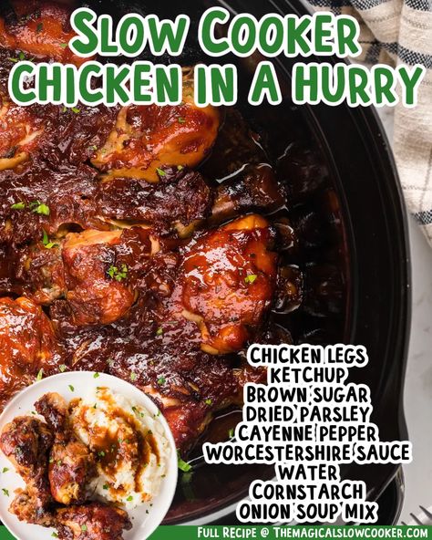 The flavors in this Chicken in a Hurry are tangy and sweet! The onion soup mix, along with the brown sugar and ketchup marinate the chicken wonderfully. Other recipes we love that are dump and Chicken In A Hurry, Crockpot Meat, Magical Slow Cooker, Slow Cooker Bbq Chicken, Slow Cooker Teriyaki, Pot Food, The Magical Slow Cooker, Chicken Drumstick Recipes, Drumstick Recipes