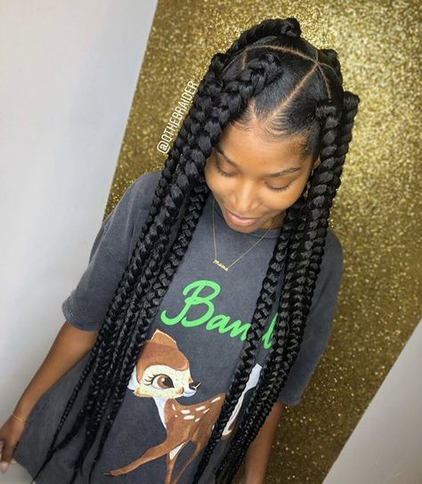 Jumbo box braids with triangle parts. Edge control - Certified Bella pomade  #braidedhairstyles #jumboboxbraids #trianglebraids #braidstyles #braidedhairstylesforblackwomen #boxbraids #edgecontrol #braidedhairstylesforlonghair Jumbo Square Box Braids, Jumbo Box Braids Triangle Part, Jumbo Braids Triangle Parts, Six Jumbo Box Braids, 12 Jumbo Box Braids, Big Triangle Box Braids, Protected Hairstyles For Black Women, Blonde Jumbo Box Braids, Four Jumbo Box Braids