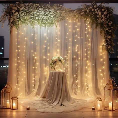 Amazon.com : White Tulle Backdrop Curtain with String Lights - Wedding Backdrop for Ceremony and Decorations for Home Party Background Backdrop : Electronics Curtain With Lights, Sheer Backdrop, Tulle Backdrop, Backdrop Curtains, White Christmas Lights, Fairy Lights Bedroom, Curtain String Lights, Wedding Backdrop Design, Outdoor Christmas Tree